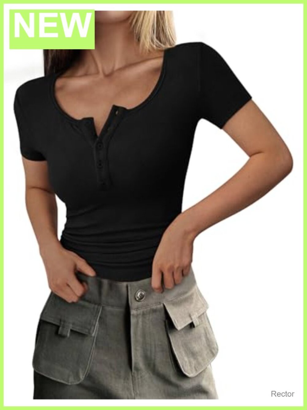 Ribbed Knit Women's Henley Short Sleeve Pullover Top Slim Fit Casual Tee